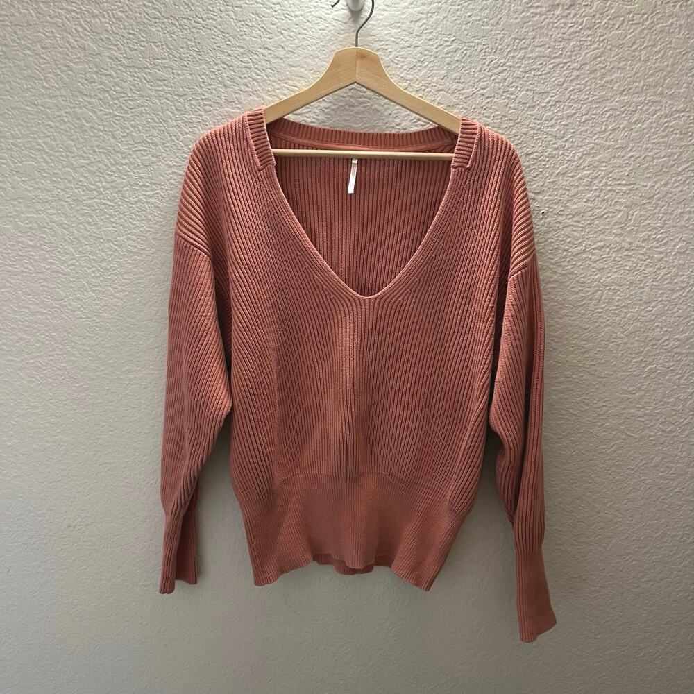 Free People Allure Ribbed V-Neck Pullover Sweater Pink Size L - Picture 3 of 6